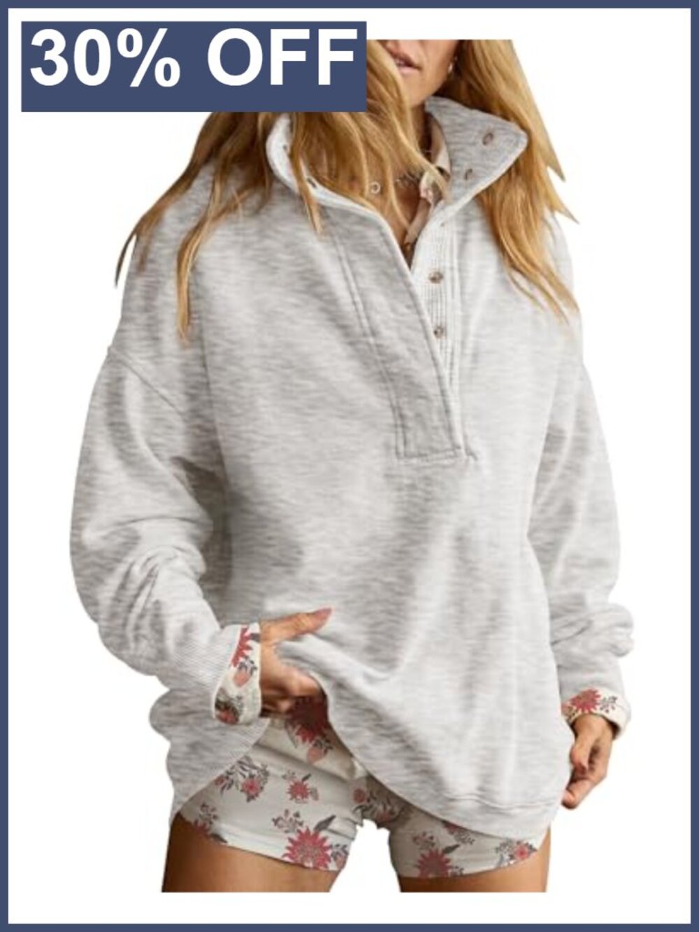 Oversized Henley Neck Pullover Sweatshirt Snap Button Long Sleeve